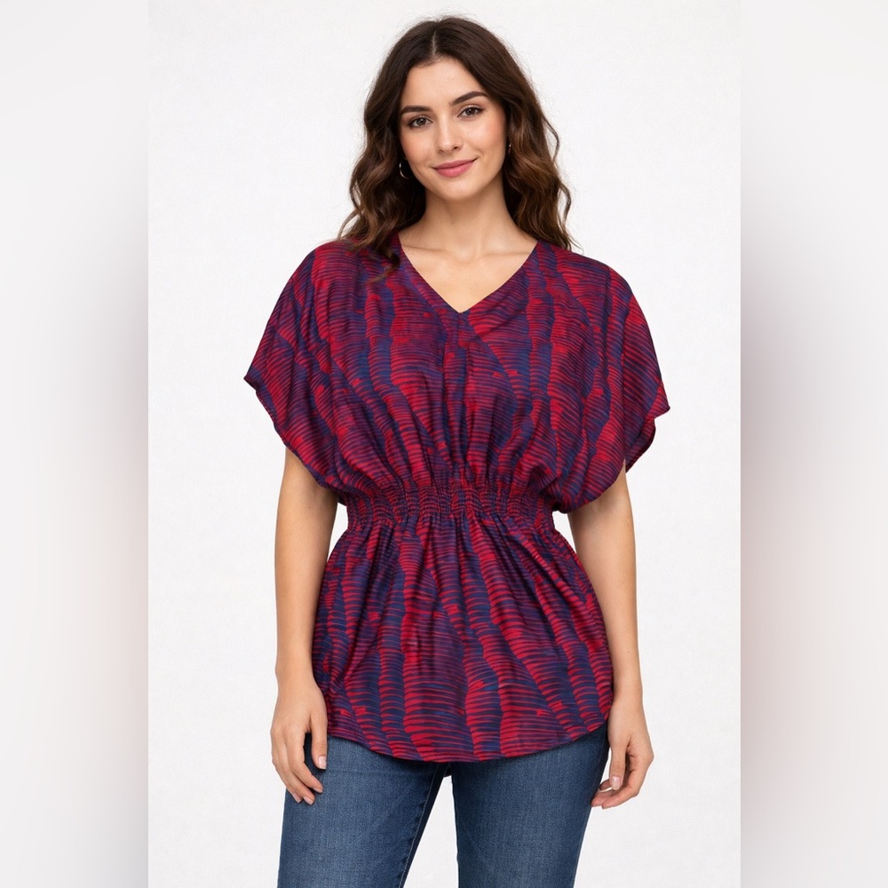 Devlin Red and Blue Bat Wing Stretchy Elegant Shirt Size L